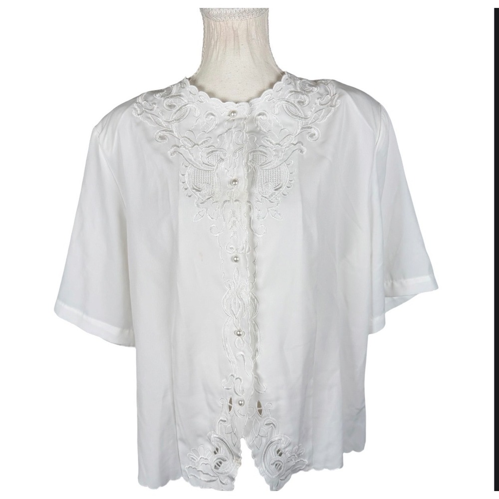 Christie & Jill Blouse Womens 16 White Embroidered Lace Pearl Button Vintage Top